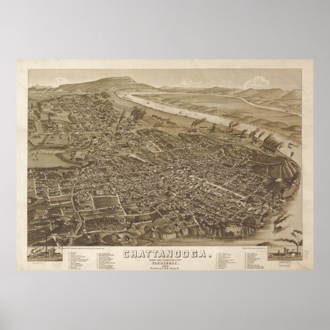 Vintage Pictorial Map of Chattanooga (1886) Poster (Front)