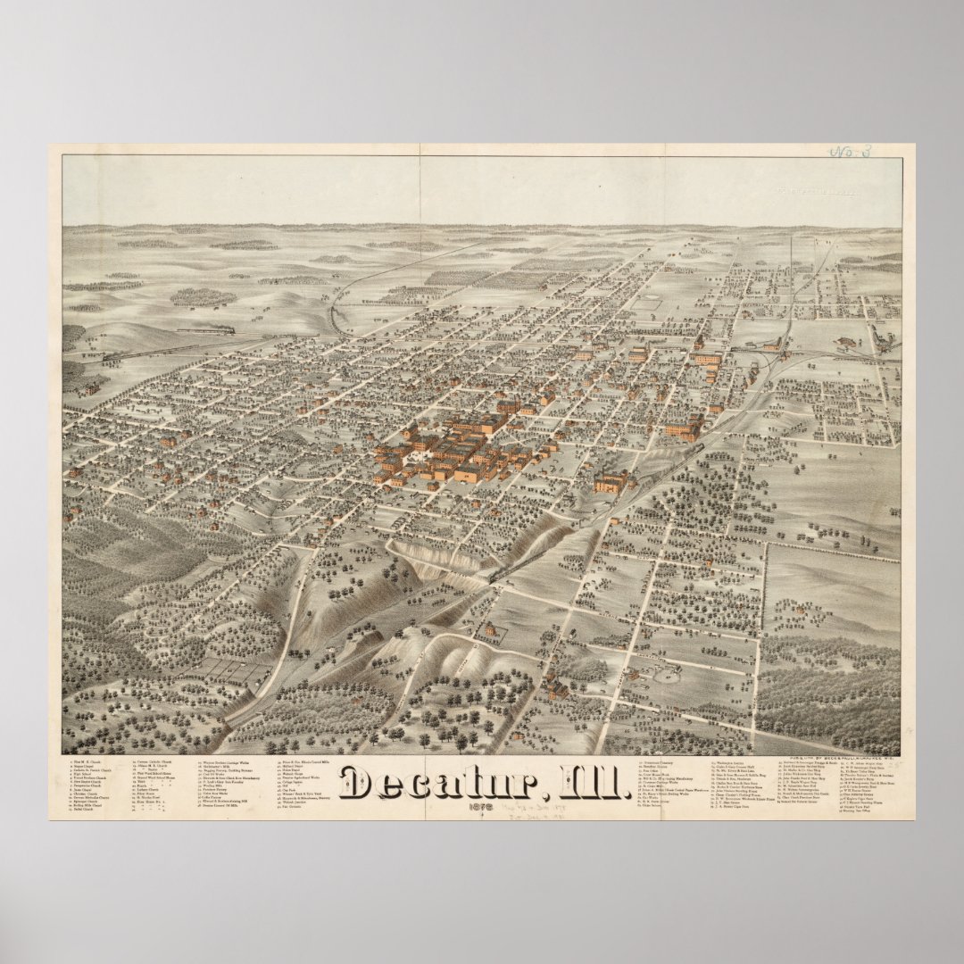 Vintage Pictorial Map of Decatur Illinois (1878) Poster Zazzle co nz