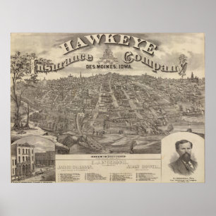 Vintage Pictorial Map of Des Moines Iowa (1875) Poster