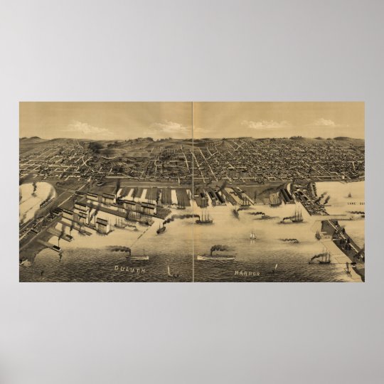 Vintage Pictorial Map of Duluth Minnesota (1887) Poster Zazzle.co.nz