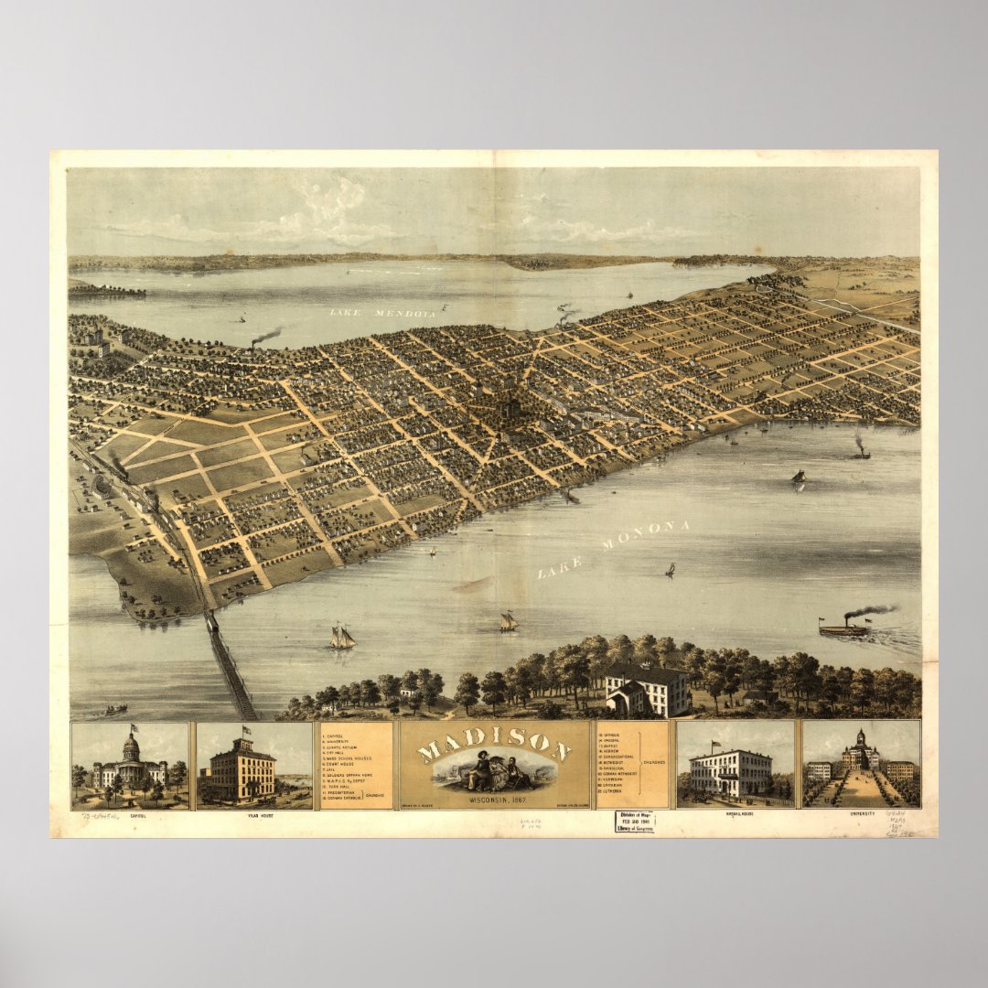 Vintage Pictorial Map of Madison Wisconsin (1867) Poster Zazzle.co.nz