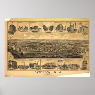 Vintage Pictorial Map of Paterson NJ (1880) Poster