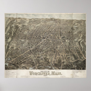 Vintage Pictorial Map of Worcester MA (1878) Poster