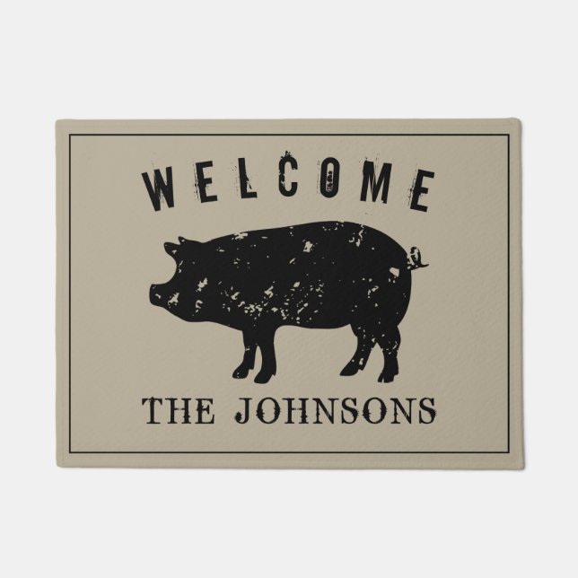 Vintage pig farm animal custom welcome doormat (Front)