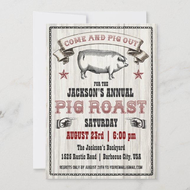 Vintage Pig Roast Invitation on Wood (Front)