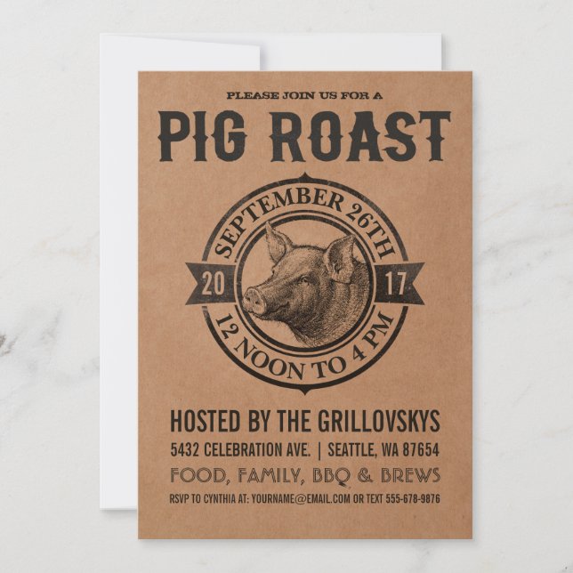 Vintage Pig Roast Invitations | Butcher Paper (Front)