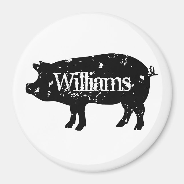 Vintage pig silhouette custom family name fridge magnet (Front)