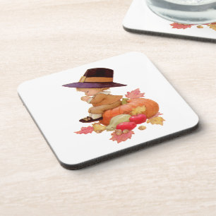Vintage Pilgrim Boy Praying on Pumpkin Coaster