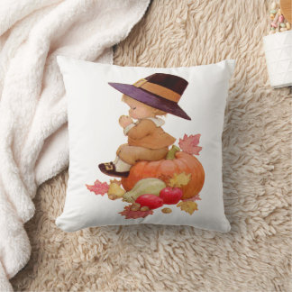 Vintage Pilgrim Boy Praying on Pumpkin Cushion