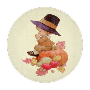 Vintage Pilgrim Boy Praying on Pumpkin Cutting Board