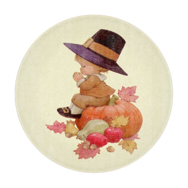 Vintage Pilgrim Boy Praying on Pumpkin Cutting Board (Front)