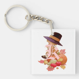 Vintage Pilgrim Boy Praying on Pumpkin Key Ring