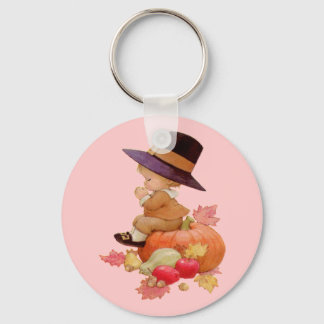 Vintage Pilgrim Boy Praying on Pumpkin Key Ring