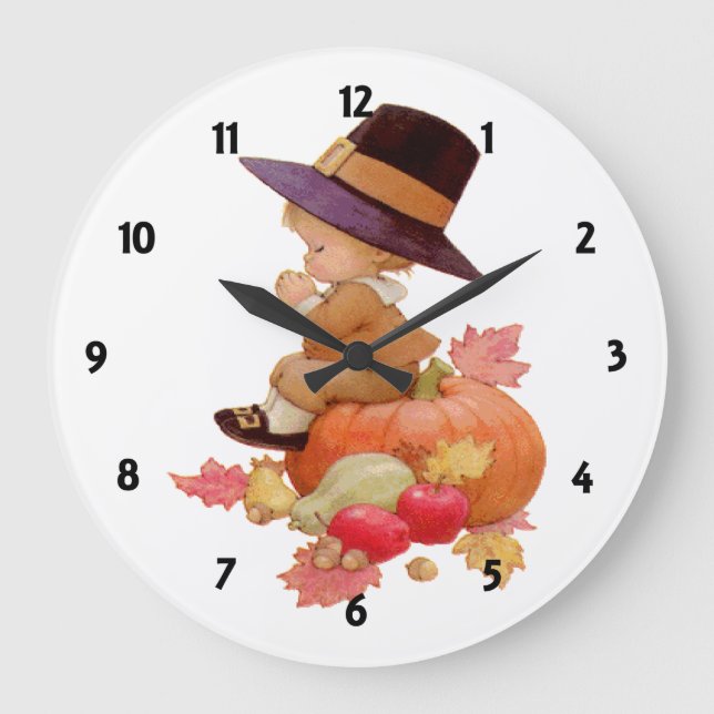 Vintage Pilgrim Boy Praying on Pumpkin Large Clock (Front)