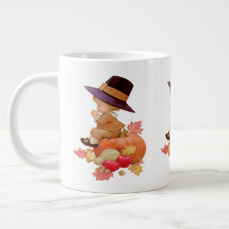 Vintage Pilgrim Boy Praying on Pumpkin Large Coffee Mug