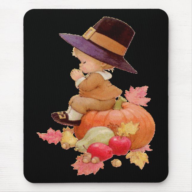 Vintage Pilgrim Boy Praying on Pumpkin Mousepad (Front)