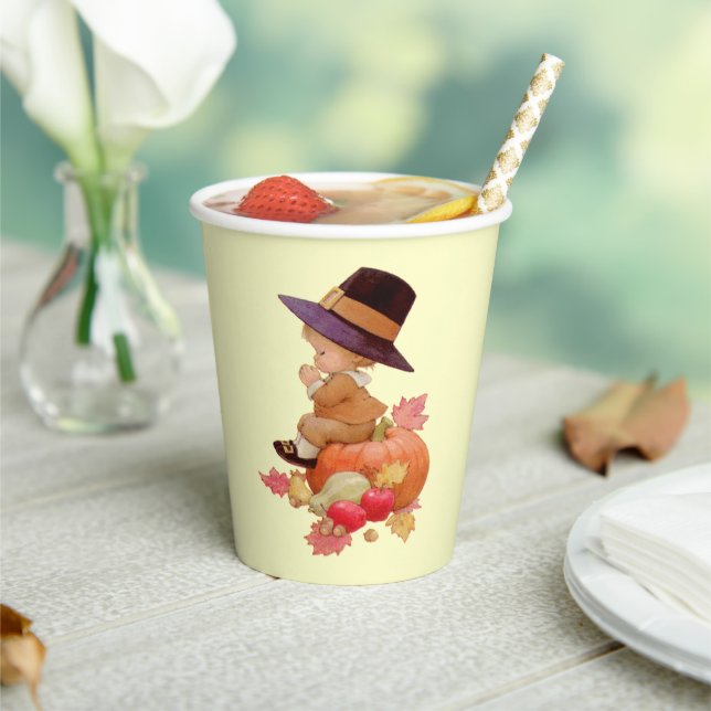 Vintage Pilgrim Boy Praying on Pumpkin Paper Cups (Insitu)