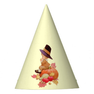 Vintage Pilgrim Boy Praying on Pumpkin Party Hat