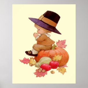 Vintage Pilgrim Boy Praying on Pumpkin Poster