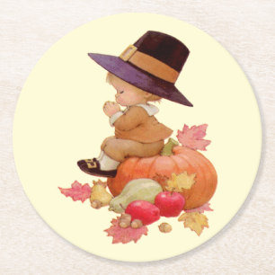 Vintage Pilgrim Boy Praying on Pumpkin Round Paper Coaster
