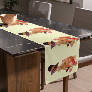 Vintage Pilgrim Boy Praying on Pumpkin Short Table Runner