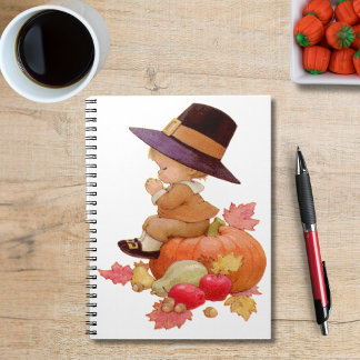 Vintage Pilgrim Boy Praying on Pumpkin Spiral Notebook