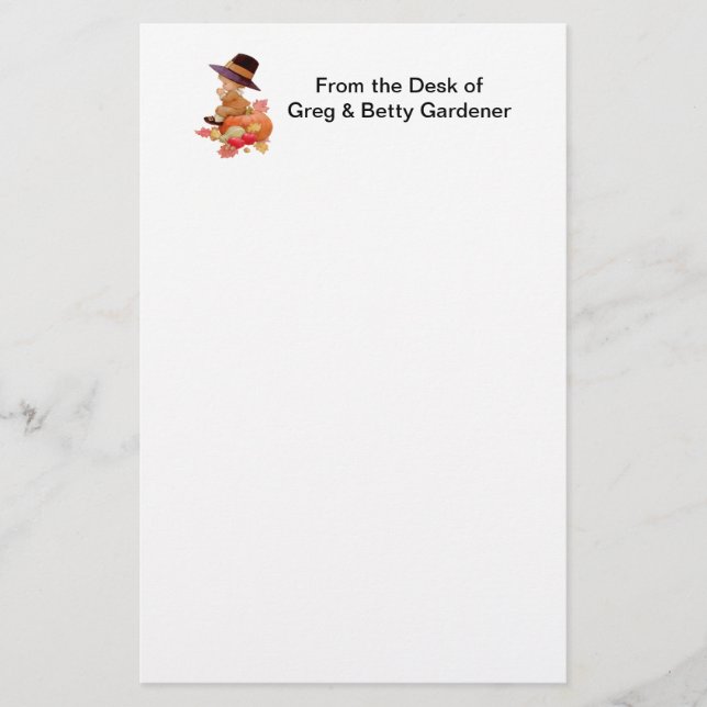 Vintage Pilgrim Boy Praying on Pumpkin Stationery (Front)