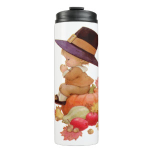 Vintage Pilgrim Boy Praying on Pumpkin Thermal Tumbler