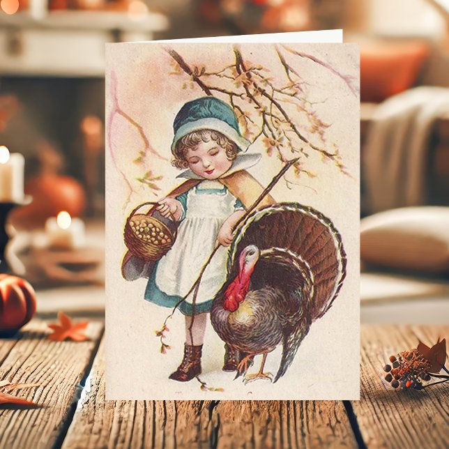 Vintage Pilgrim Girl With Turkey Thanksgiving Holiday Card (Creator Uploaded)