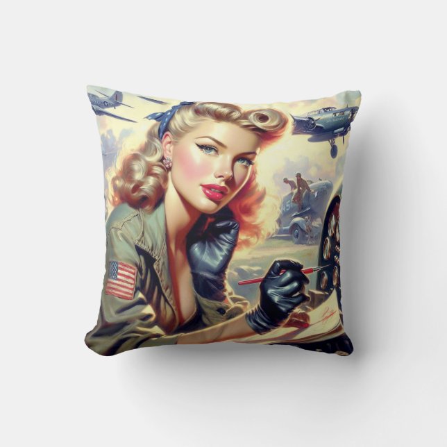 Vintage Pilot Pin Up Cushion (Front)