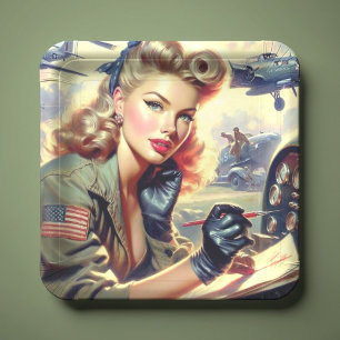 Vintage Pilot Pin Up Paper Plate
