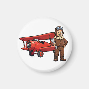 Vintage Pilot with Red Biplane Cartoon Art Magnet