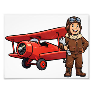 Vintage Pilot with Red Biplane Cartoon Art Photo Print