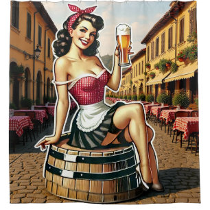 Vintage Pin-Up Beer Girl in Italian Street Cafe Shower Curtain