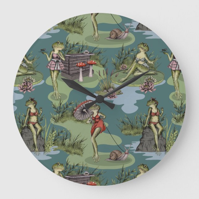 Vintage Pin-Up Girl Frogs Large Clock (Front)