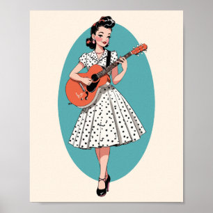 Vintage Pin-Up Girl Playing Acoustic Guitar Poster