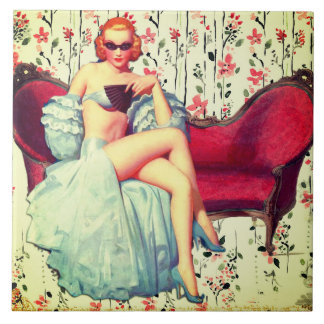 Vintage pin up girl retro southern belle redhead tile