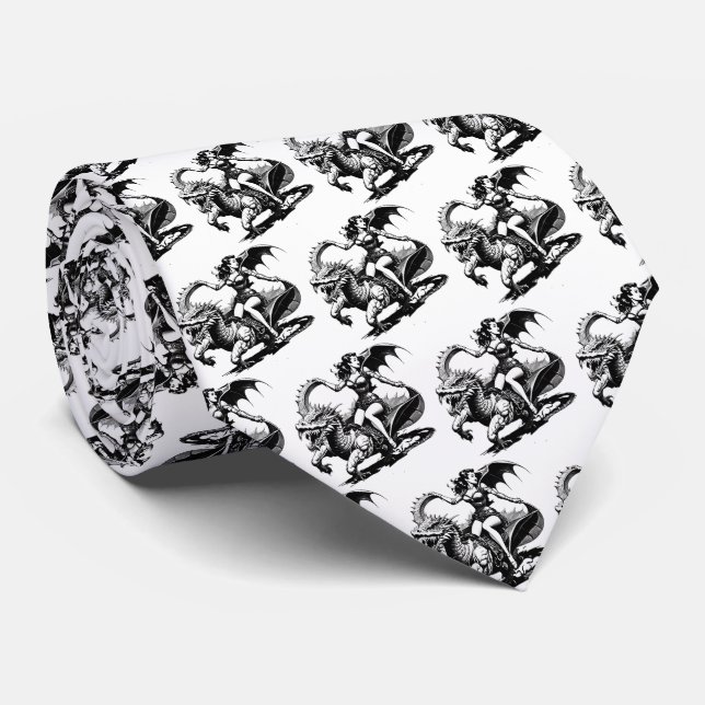 Vintage Pin-Up Girl Riding Dragon Tie (Rolled)