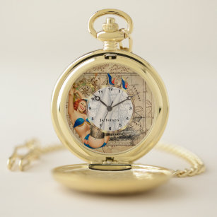 Vintage Pin up Girl Travel the World Design Pocket Watch