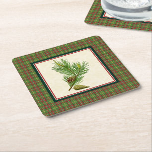 Vintage Pine Christmas Plaid Square Paper Coaster
