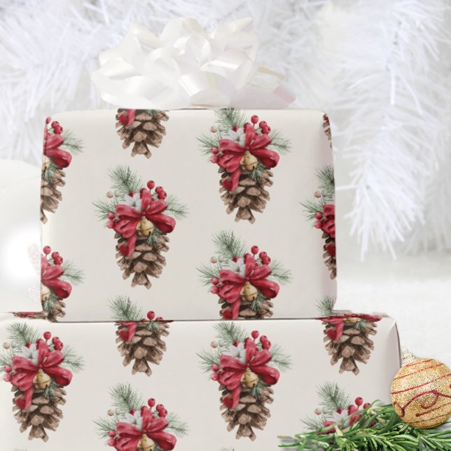 Vintage Pine Cone Red Berries Gift Wrapping Paper (Creator Uploaded)