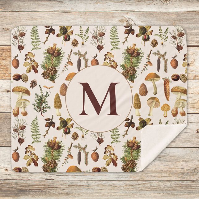 Vintage Pine Forest Treasures Pattern Sherpa Blanket (Close up on wood)