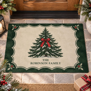 Vintage Pine Tree Custom Family Name Christmas Doormat