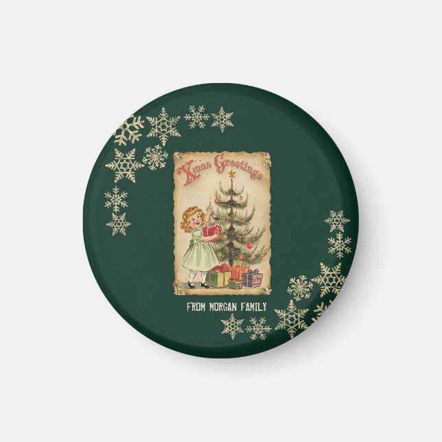 Vintage Pine Tree Little Girls Presents Snowflakes Magnet (Front)