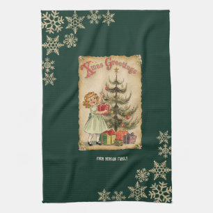 Vintage Pine Tree Little Girls Presents Snowflakes Tea Towel