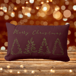 Vintage Pine Tree Rustic Burgundy Christmas Lumbar Cushion
