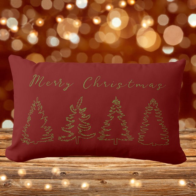 Vintage Pine Tree Rustic Red Christmas Lumbar Cushion (Merry Christmas, Vintage Pine Tree Rustic Red Lumbar Pillow)