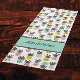 Vintage Pineapple in Gold Teal Aqua Pink Monogram Yoga Mat