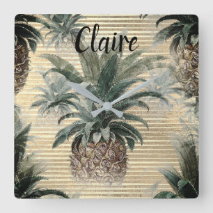 Vintage Pineapple on Gold Foil Striped Square Wall Clock