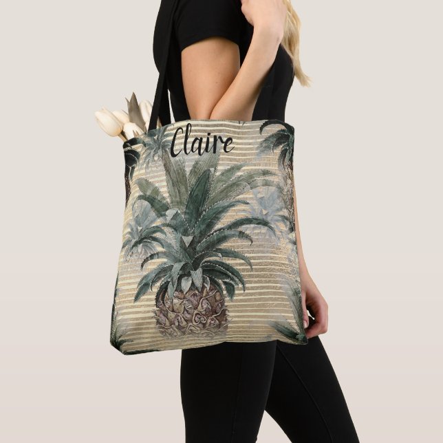 Vintage Pineapple on Gold Foil Striped Tote Bag (Close Up)